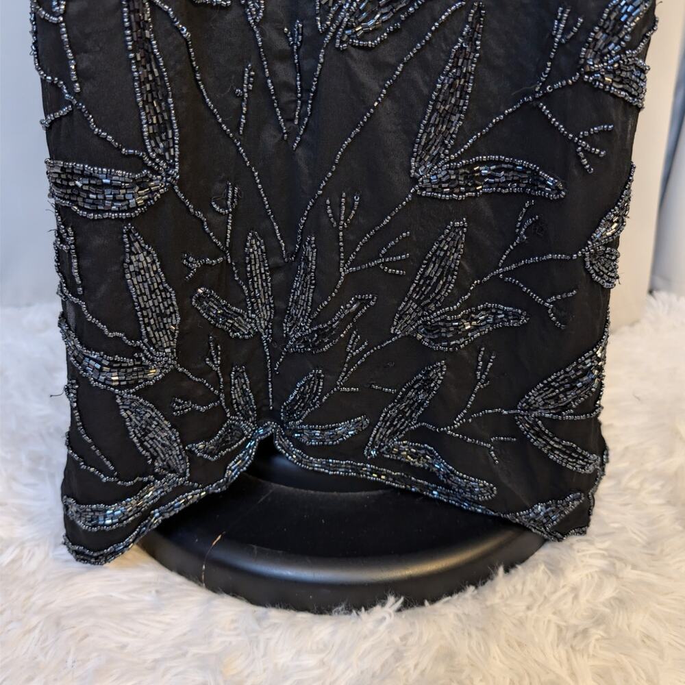 Vintage 80s Black Silk Beaded Evening Gown Art Deco Sheer Overlay Maxi Dress - Picture 15 of 16